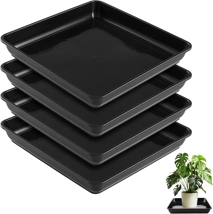 Vesici 4 Pack Large Squared Plant Saucer 23.6 x23.6”x 3” Black Plastic Garden Square Potting Tray for Indoor Outdoor Plant Water Receiving Tray for Flower Pot Planter, Windowsill