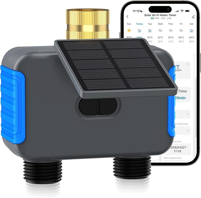 WiFi Solar Sprinkler Timer, 2 Zone Smart Bluetooth Hose Timers, Water Timer for Garden Hose with APP, Digital Automatic Irrigation System Compatible with Alexa Google, for Outdoor Garden Lawn