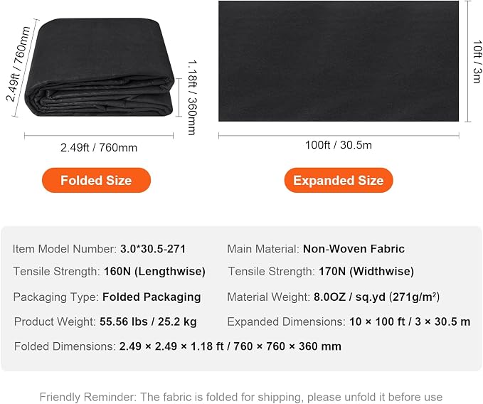 VEVOR Geotextile Landscape, 10ft x 100ft 8 oz Non-Woven PP Drainage 350N Tensile Strength & 440 N Load Capacity, for Ground Cover, Garden Fabric, French Drains, Black | Excellent Permeability and Breathability,Withstand Harsh Environment