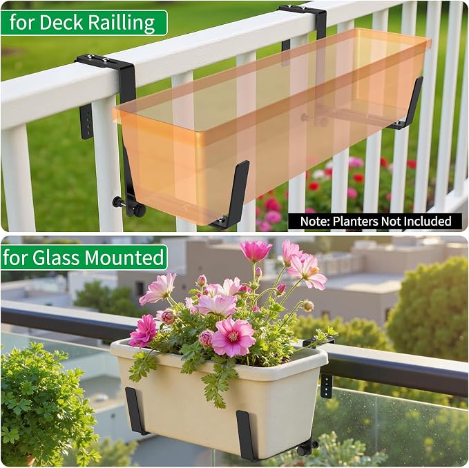 Window Box Brackets, Adjustable Planter Box Brackets, Heavy Duty Iron Flower Box Brackets for Railings, with Enhanced Bottom Support - Perfect for Balconies, Fences, and Gardens (Black, 2 Pack)