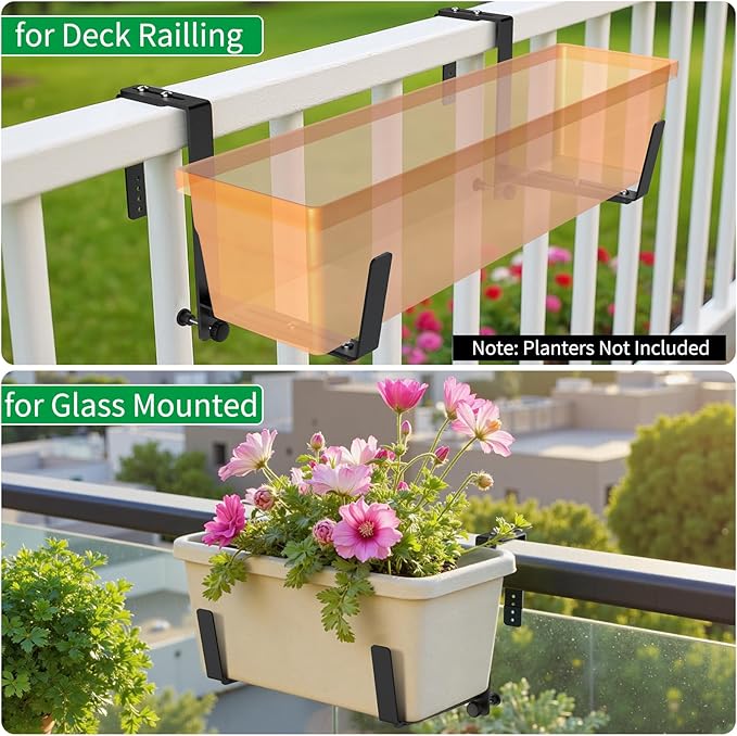 VOXOR Window Box Brackets, Adjustable Planter Box Brackets, Heavy Duty Iron Flower Box Brackets for Railings, with Enhanced Bottom Support - Perfect for Balconies, Fences, and Gardens (Black, 4 Pack)
