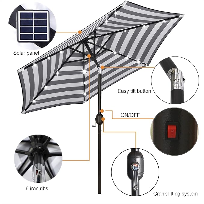Blissun 7.5 ft Solar Umbrella, 18 LED Lighted Patio Umbrella, Table Market Umbrella