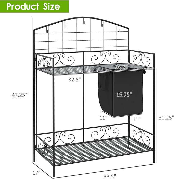 Outdoor Potting Bench Table with 2 Removable Wheels, Garden Potting Bench with Storage & Shelves Hooks, 36.25" L x 17.75" W x 46.75" H