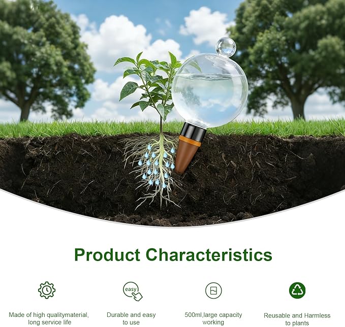2 Pcs Plant Self Watering Globes with Covers，Self Watering Planter Insert,Automatic Plant Waterer Indoor ，17.5 oz Watering Bulbs with Terracotta Watering Spikes with Shovel(clera)