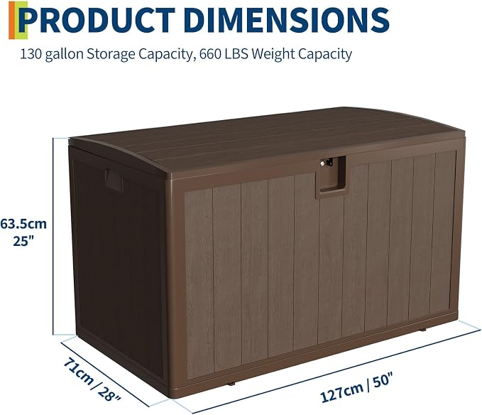 IDEALHOUSE 130 Gallon Resin Deck Box, Waterproof Outdoor Storage Box with Lockable Lid & UV Resistant, Patio Furniture Cushion Storage Container for Garden, Backyard, Poolside (Brown)