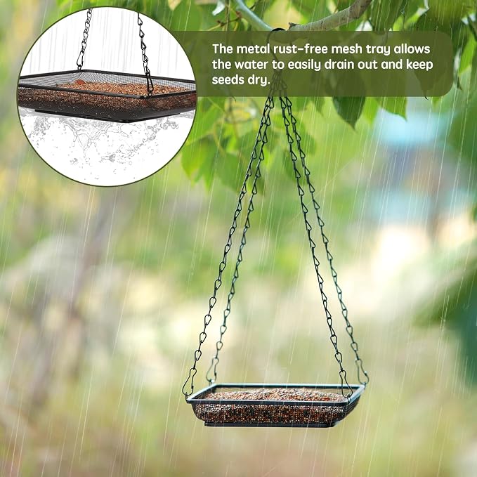 MIXXIDEA Hanging Bird Feeder Tray Metal Mesh Platform Seed Feeder with Durable Chains for Outdoors Garden Great for Attracting Birds (2 Pack)