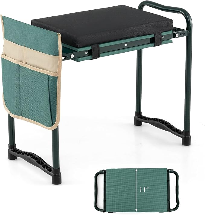 Goplus Foldable Garden Kneeler and Seat, 11" Wide 2-in-1 Gardening Bench, Detachable Thick EVA Foam Pad, 350 lbs Heavy-Duty Metal Frame, Tool Pouch, Portable Stool, Gardening Kit for Seniors (Green)