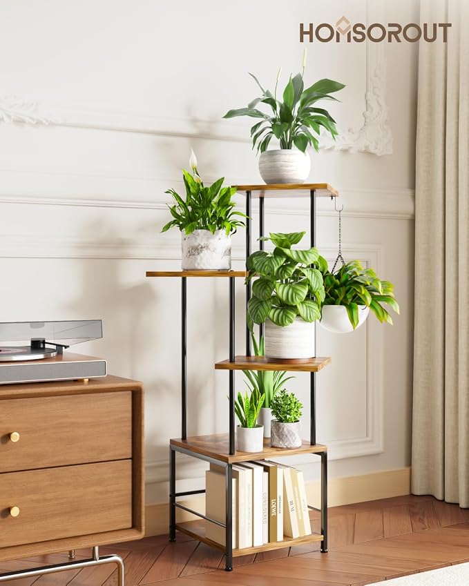 Homsorout Plant Stand Indoor - 5-Tier Metal Plant Shelf with Hanging Basket Hook, Corner Tall Flower Holder for Multiple Plants, Living Room Balcony Garden Patio, Rustic