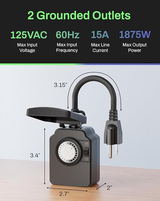 BN-LINK 24 Hour Heavy Duty Mechanical Timer, Outdoor Timer Outlet Waterproof with 30 Minutes Intervals, 1 Grounded Outlets for Christmas Lights Pool Pump,15A 1/2HP, ETL Listed