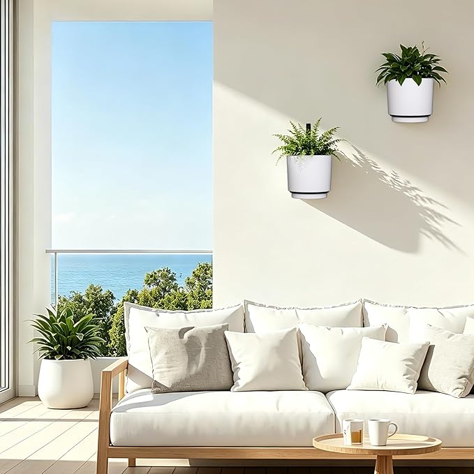 2 Pcs Wall Mounted Hanging Planter Vase for Indoor Outdoor Plants,Modern Metal Wall and Ceiling Hanging Flower Pot with Removable Flower Pot,Minimalist Decor for Herbs Succulents Flowers,4.3Inch,White