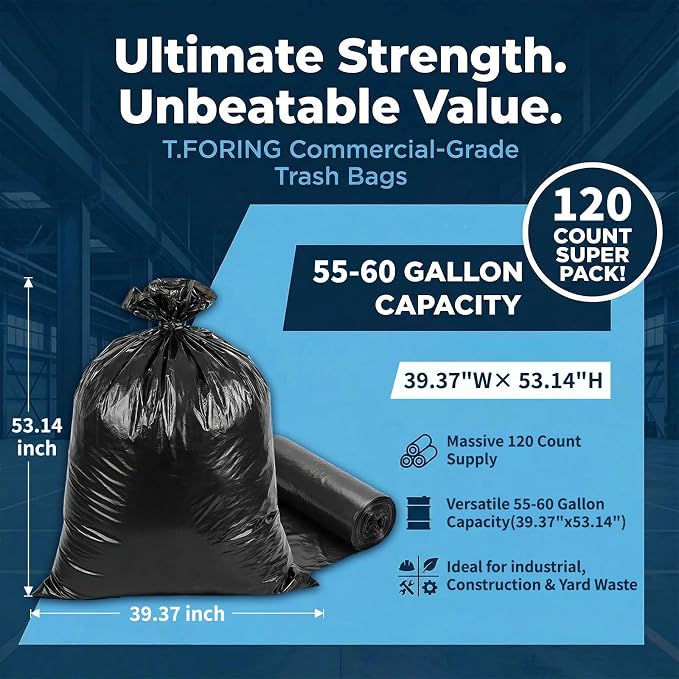 55-60 Gallon Trash Bags Unscented, 40'' x 53'', Black, 120 Count | Huge 50+ Gal Garbage Can Liner,Fit 206 - 225 Liter Bins,Multipurpose for Construction Industrial Yard Outdoor Commercial Bulk