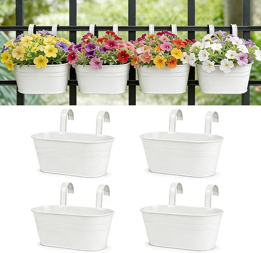 RIOGOO Hanging Planters, Set of 4, Metal Iron Flower Pots with Detachable Hook, White, 10.7" Diameter, Indoor and Outdoor Wall Decor