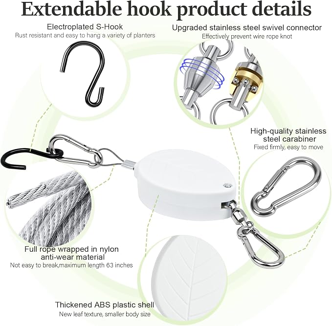 2026New 2Pcs Retractable Plant Hanger with Leaf Texture,44Lbs Load Capacity,Auto Lock,Adjustable Hook for Hanging Plants,Bird Feed,Wind Chimes,Garden Pots,Rust-Proof Stainless Steel,White