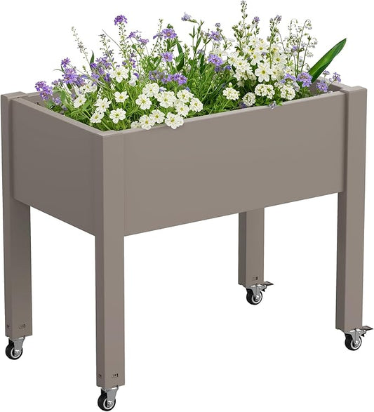 Elevated 26.3" Tall Raised Garden Bed with Wheels - Outdoor Mobile Resin Planter Box with Drainage Holes for Vegetables Flower Herbs, Weather Resistant, Light Brown (26.3" h)