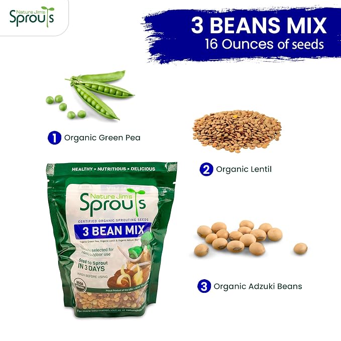 Nature Jim's Sprouts 3-Bean Seed Mix - Organic Green Peas, Lentils & Adzuki Beans for Planting - Non-GMO Microgreen Sprout Seeds, Fast Sprouting, High in Fiber, Protein, Nutrients & Vitamins - 16 Oz