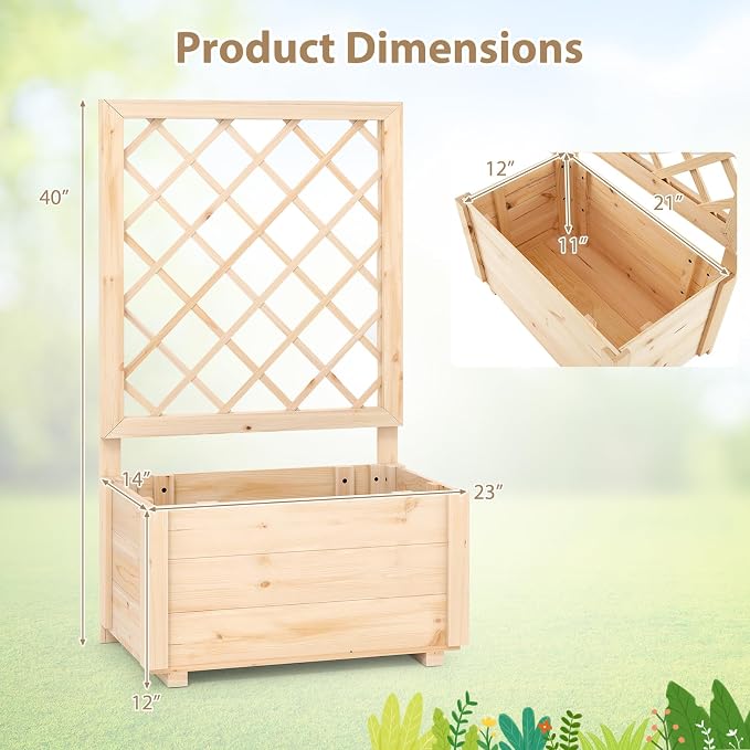 Giantex Raised Garden Bed with Trellis, Wooden Elevated Planter Box for Climbing Plants, Outdoor Garden Planter for Vegetables Flowers Herbs, Patio Balcony Planting Box, 23 x 14 x 40 Inch