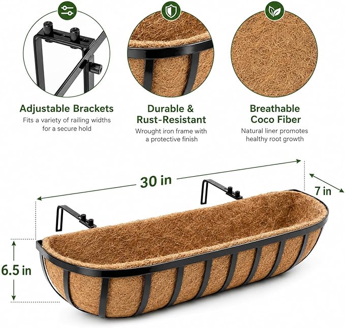 Railing Planter Boxes 30 Inch 4 Pack, 2-in-1 Heavy Duty Adjustable Hanging Window Box Planters with Coco Liners and Support Rods for Deck, Porch, Patio, Outdoor Garden