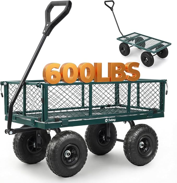 Sekey 600lbs Steel Mesh Garden Cart for Patio & Backyard, Utility Wagon with Removable Sides (Convertible Flatbed), 10" Rubber Tiress, Green