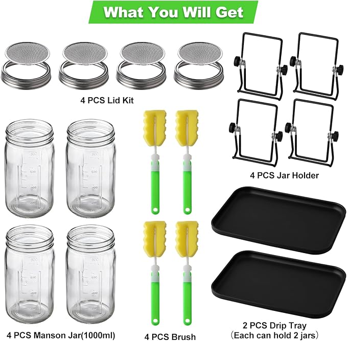 Sprouting Jar Kit 4 PCS 1000ml(35oz) Wide Mouth Mason Jars with 304 Stainless Steel Sprout Lids Drain Tray Stainless Steel Stand Cleaning Brush Sprouts Growing Kit for Bean, Broccoli, Alfalfa
