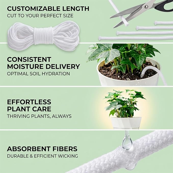 MAQIHAN Self Watering Rope - 39 Feet × 1/6 Inch Self Watering Rope for Plants, Wicking Cord for Vacation DIY Self-Watering System, Capillary Wick for Garden Potting Orchid Tomato Plants(19.5Feet/Roll)