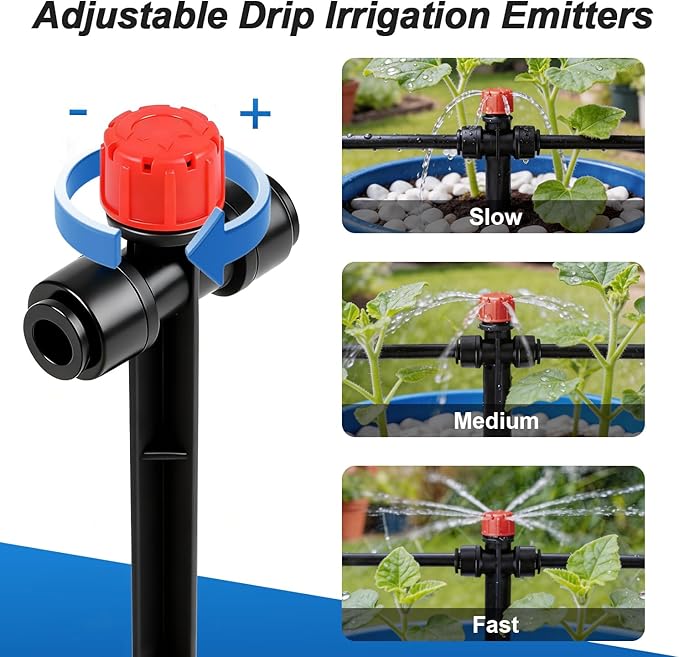 20 Pack Quick Connect 1/4 Inch Drip Irrigation Emitters, 1/4'' Drip in-line Pass Through Stream Emitters Adjustable 360 Degree Dripline Stake Emitter with 10 Plugs for DIY Sprinkler Systems
