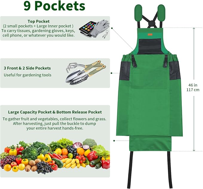 Garden Harvest Apron, Gardening Apron with Bottom Release Pocket for Women and Men, Gardening Gift for Gardeners