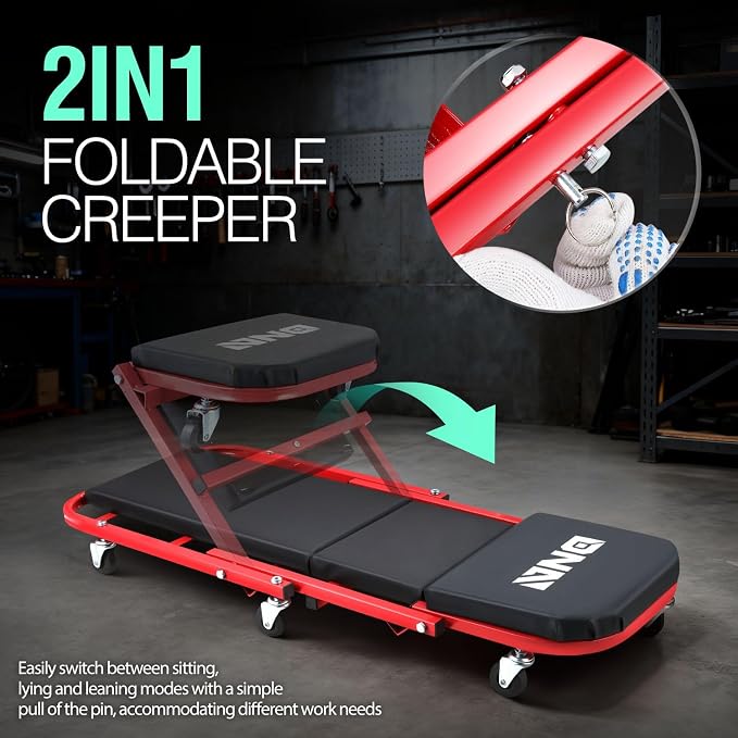 ‎DNA MOTORING TOOLS-00186 40 Inches 2 IN 1 Rolling Folding Car Creeper/Seat, 6 Pcs 2" Casters, 150kg Weight Capacity, Red