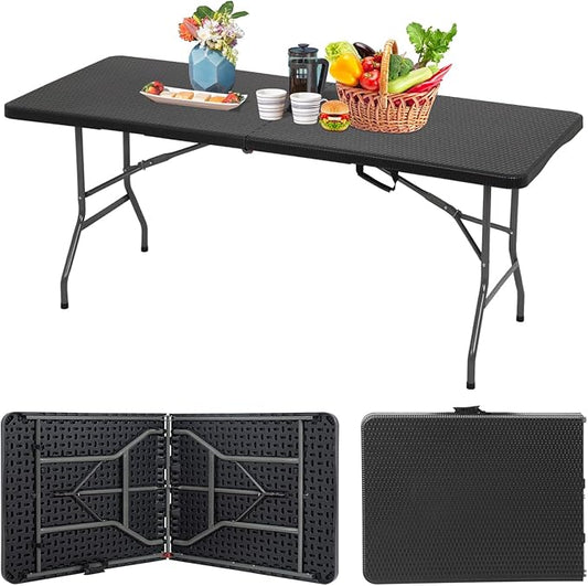 PayLessHere | 6FT Folding Table | Black Ratten | Portable Plastic Table with Carry Handle | Waterproof & Foldable Table Design | Steel Frame with Lock | for Events, Camping, Indoor & Outdoor Use