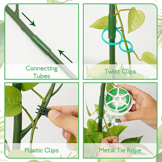 16 Pack Plant Support Stakes 27.5" | Detachable Monstera Climbing Stakes with 20 Orchid Clips & 65ft Twist Ties | Heavy Duty Garden Stakes for Indoor Outdoor Plants
