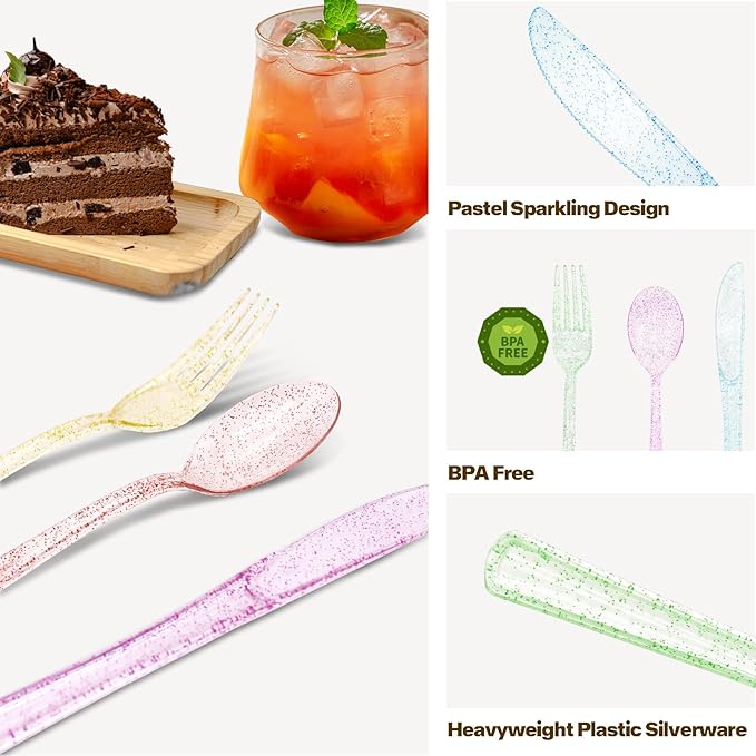 50 Pcs CLear Pastel Plastic Forks, Pastel Plastic Silverware, Heavy Duty Plastic Cutlery Set Disposable Utensils Sets for Brithday, Wedding, Tea Party, Garden Party