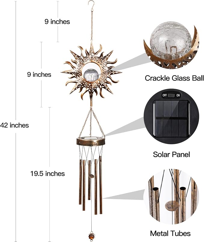DesGully Solar Wind Chimes, Sun Wind Chime Outdoor Clearance w/Glowing Crackle Glass LED Unique Wind Bells for Outside Waterproof Chimes, Gifts for Her/Him (42" Long Metal Chimes)…