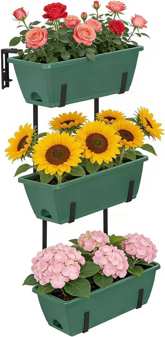 OYEAL Window Boxes Planters Deck Railing Planter Boxes with Adjustable Brackets & Rectangular Flower Pots Rectangular Herb Planter for Garden Fence, Patio, Balcony Decor Green