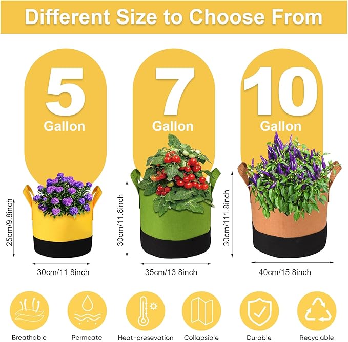 Grow Bags 5Gal/7Gal/10Gal * 2 ，6 Pack Vegetable/Flower/Plant Grow Bags ，Plant Fabric Pots with Handles for Garden and Outdoor Planting (6 Colour, 5Gal/7Gal/10Gal*2)