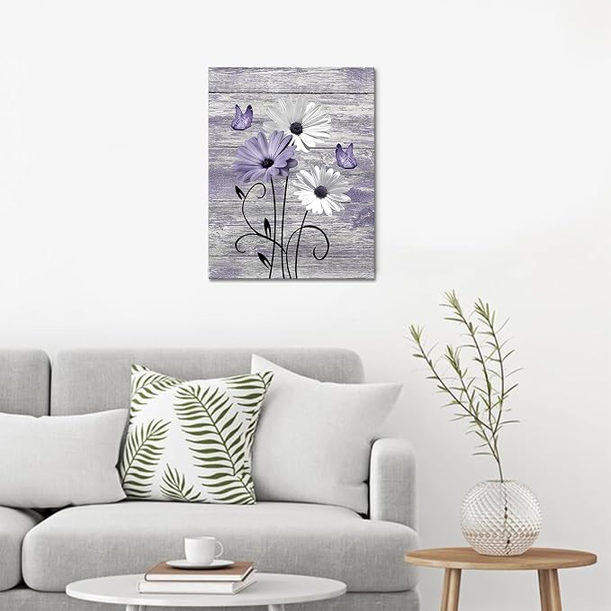 MYUSRE Farmhouse Purple Floral Wall Art for Living Room,White Daisy and Purple Butterfly on Rustic Wood Canvas Wall Art Country Flower Pictures for Bedroom Bathroom Office Wall Decor, 16L X 12W inches