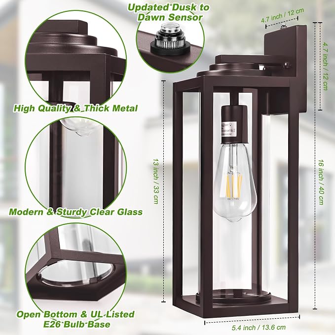 Oil Rubbed Bronze Dusk to Dawn Outdoor Wall Light Fixtures - 2 Packs Exterior Waterproof Outdoor Lighting, Farmhouse Porch Sconces Wall Mounted Lighting, Anti-rust Outside Lantern for Front Door