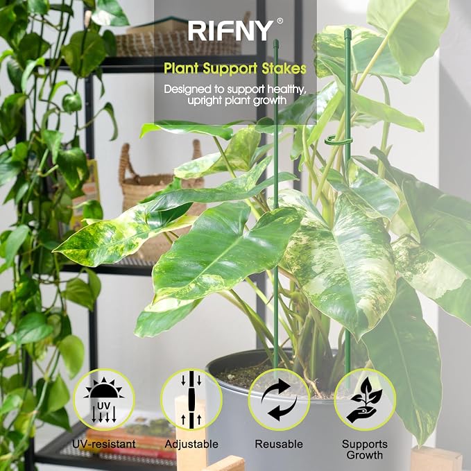 Plant Stakes for Indoor Plants, RIFNY 12 Inch Plant Support Stakes with Clips, Tall Adjustable Plant Sticks for Indoor Monstera Tomato Orchid Potted Plants Flower (16 PCS, Green)