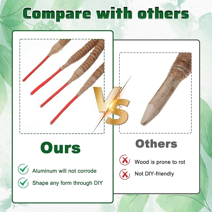 4 Pcs Bendable Moss Pole for Monstera Plant Support, 24” Natural Handmade Coir Pole Stick for Climbing Plants Indoor Plant Stakes Real Moss Poles for Potted Plants to Grow Upwards