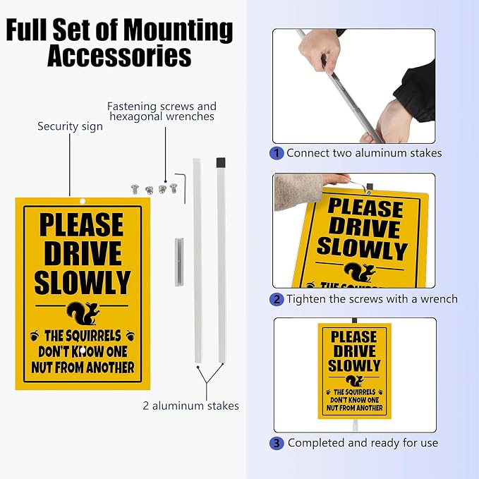 Please Drive Slowly Squirrel Yard Sign With Stake Reflective Aluminum Rustproof Caution Slow Down Wildlife Safety Sign Stand For Home Street Neighborhoods Decorations Outdoor (8x12) IN