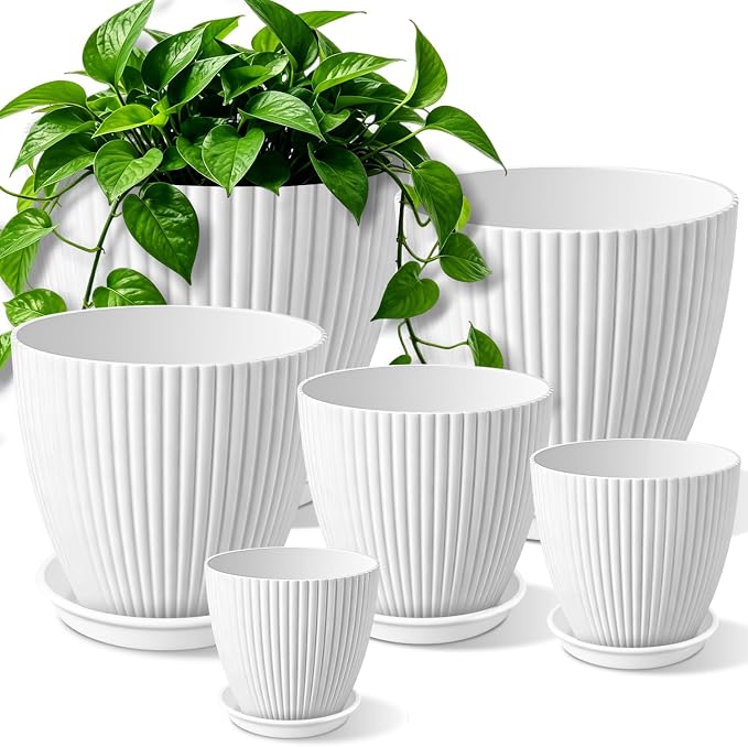 SupKing White Plant Pots with Drainage Saucers 7.5/6.7/6/5/4/3.5 Inch Set of 6,Plastic Flower Pots Planters with Multi Mesh Drainage Holes Nursery Planting Pot for Indoor Outdoor Garden Plants