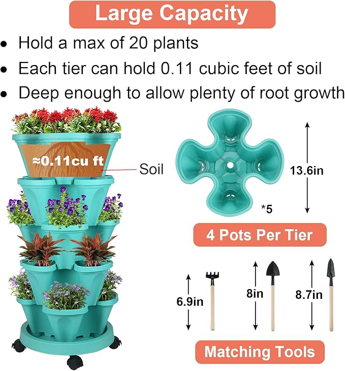 GameXcel Vertical Planter Tower - 5 Tier Stackable Garden Planters with Wheels and Tools Plant Pots for Strawberry Herb Flower and Vegetable Indoor Outdoor Use Teal 2 Pack