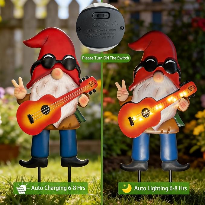 HONGLAND 28" Solar Garden Gnome Decor with Light Up Guitar - Outdoor Decorative Stake for Patio, Yard & Lawn | Unique Rock Music Gnome Decor