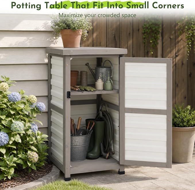 Small Outdoor Storage Cabinet with Waterproof Metal Top, White Wood & Plastic Potting Bench Table with Removable Shelf, Outside Cabinets Work Station for Patio, Balcony,17.9''x17.9''x33.5''