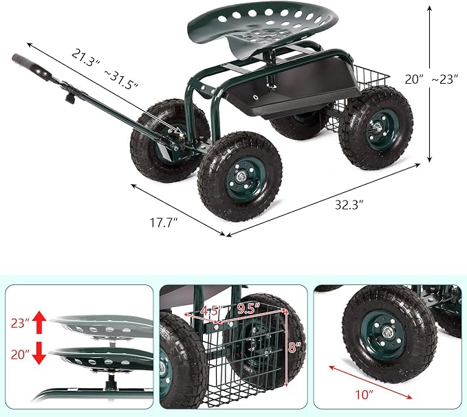 KINTNESS Rolling Garden Stool Cart Work Seat Heavy Duty Wagon Scooter with Extendable Steer Handle Swivel Seat & Utility Basket …