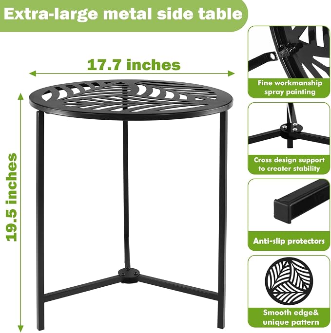 Extra-large Metal Side Table 17.7 Inches Heavy-duty Black Outdoor Patio Garden End Table Round Accent Corner Stand for Small Space Weather-resistant Coffee Table for Balcony Porch Plant Stand, Black