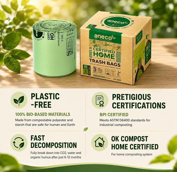 ANECO 100% Compostable Food Waste Bags 3 Gallon, 100 Count, Extra Thick Compost Bags for Countertop Bin, Small Compost Bag, Food Waste Bags with TUV OK Compost Home and BPI certified