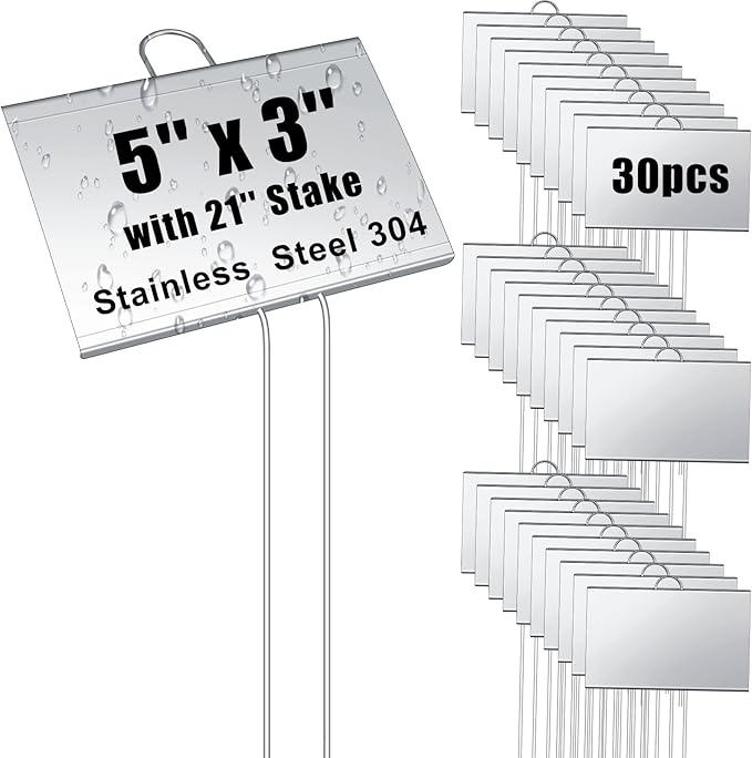 Landhoow 30 Pcs Large Garden Plant Markers Metal Plant Labels Sign 5'' x 3'' with 21'' Stake Weatherproof Waterproof Garden Sign for Outdoor Seedlings Herbs Vegetable Greenhouse, Sliver