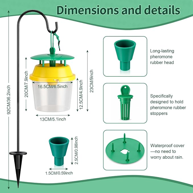 12 Pcs Reusable Leafminer Trap with Pheromone Lures, Bucket Style Insect Trap with 36.2'' Ground Stake, Outdoor Monitoring Tools for Citrus Trees Garden Orchard (2 Lures Included)