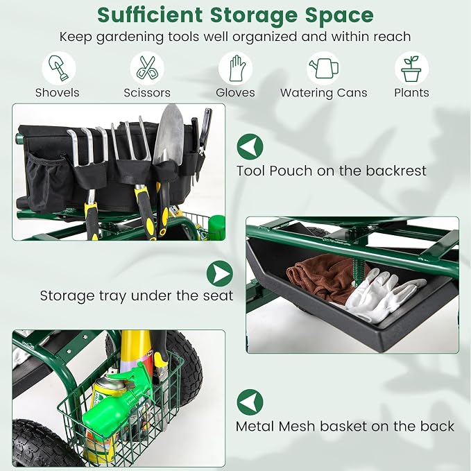 Garden Cart with Seat, Heavy-Duty Rolling Wagon Scooter with Wheels, Height Adjustable & 360° Swivel Seat, Storage Tray, Basket & Handle, Outdoor Gardening Work Seat for Patio Yard(Green)