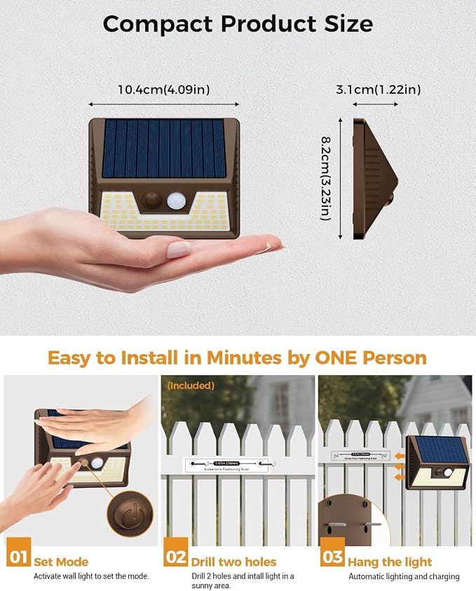 Vighep 4 Pack Solar Fence Lights Waterproof, Motion Sensor Deck Outdoor, Warm White LED for Wall Yard Steps Stairs Garden - Brown