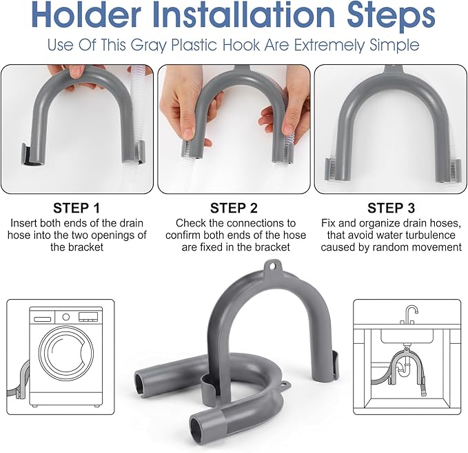 Xindojuz 2 PCS U-Shaped Washing Machine Drain Hose Holder Hook, U-Bend Drain Hose Clamp Fits 1.2" Drains Secure Hoses Holder Hook for Laundry Tub, Dishwasher and Sink Srain Hoses (Gray)